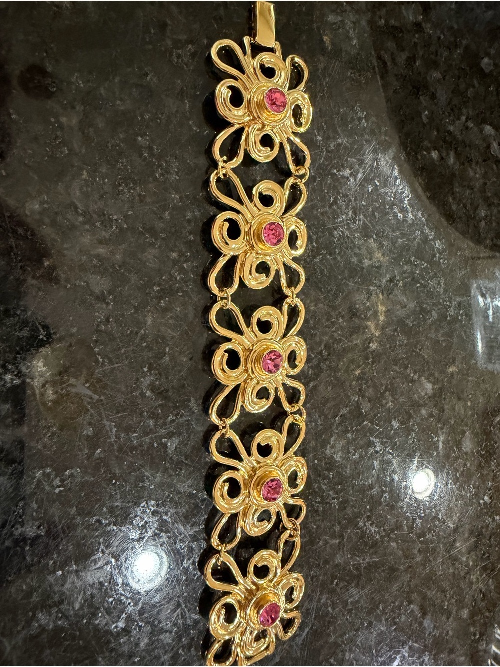 Gold Floral Bracelet & Earrings with Pink Gem Centers